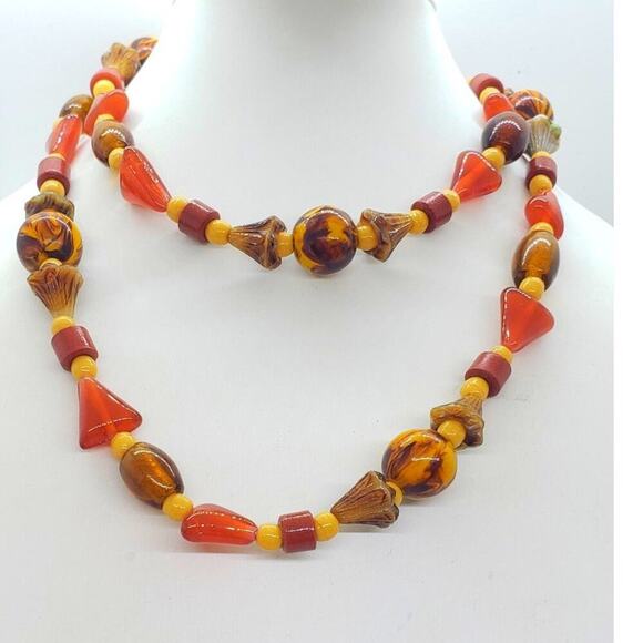 Vintage Art Glass Bead Necklace Marbled Long 30" Retro Jewelry Statement Boho - Picture 3 of 7
